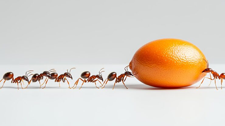 line ants work together move large orange fruit 1376225 v 2y